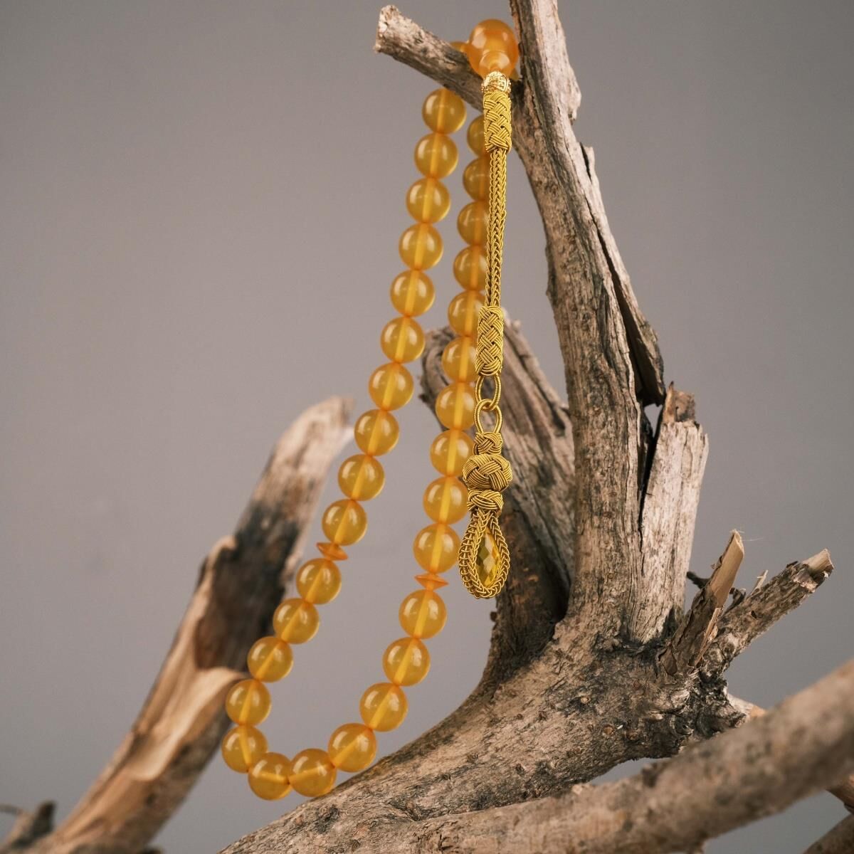 10 mm Sarı Zar Kehribar Tesbih - Trabzon Kazaz Püsküllü Tespih