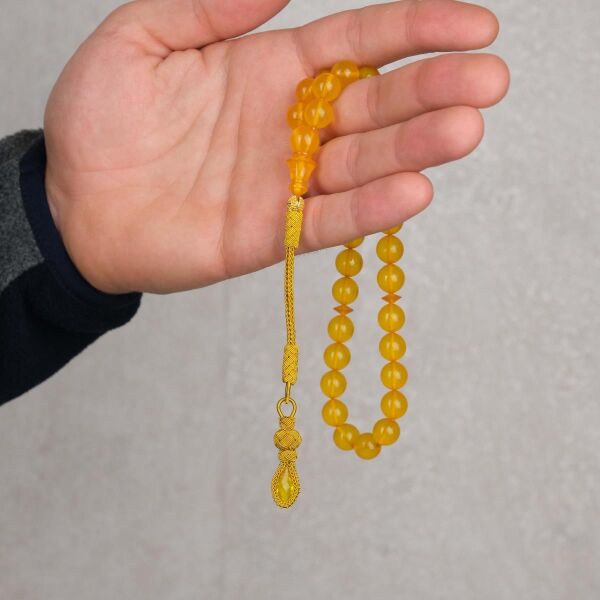 10 mm Sarı Zar Kehribar Tesbih - Trabzon Kazaz Püsküllü Tespih