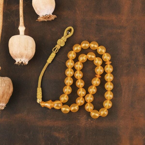 10 mm Sarı Zar Kehribar Tesbih - Trabzon Kazaz Püsküllü Tespih