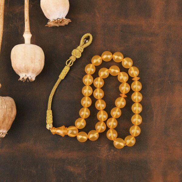 10 mm Sarı Zar Kehribar Tesbih - Trabzon Kazaz Püsküllü Tespih