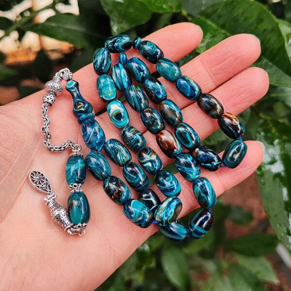 8X12 mm Gümüş Püsküllü Sündülüs Tesbih - Sandoloz Baga - Çekoslavak Tesbih