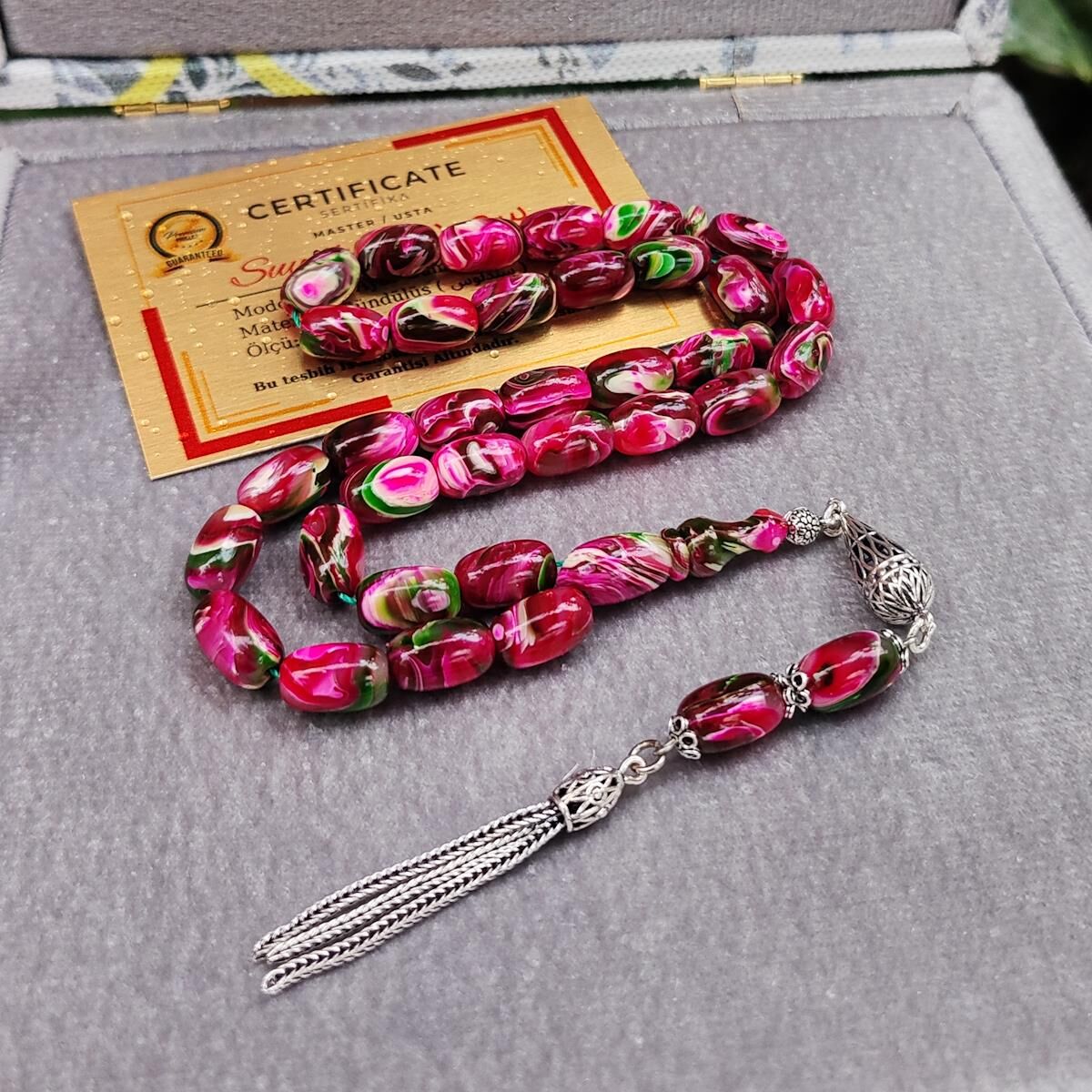 8X12 mm Gümüş Püsküllü Sündülüs Tesbih - Sandoloz Baga - Çekoslavak Tesbih