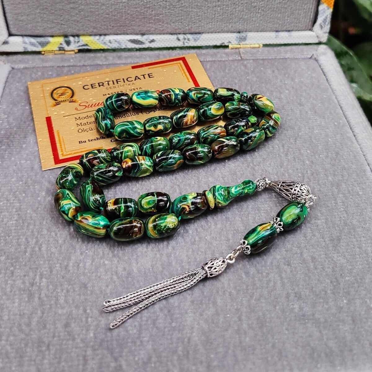 8X12 mm Gümüş Püsküllü Sündülüs Tesbih - Sandoloz Baga - Çekoslavak Tesbih