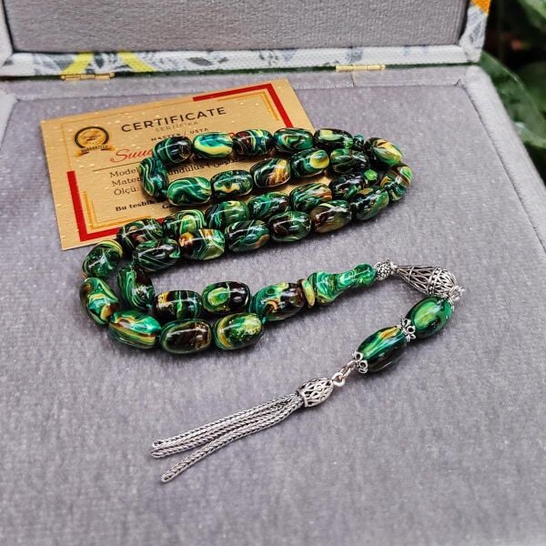 8X12 mm Gümüş Püsküllü Sündülüs Tesbih - Sandoloz Baga - Çekoslavak Tesbih