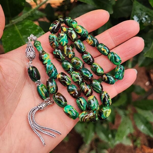 8X12 mm Gümüş Püsküllü Sündülüs Tesbih - Sandoloz Baga - Çekoslavak Tesbih