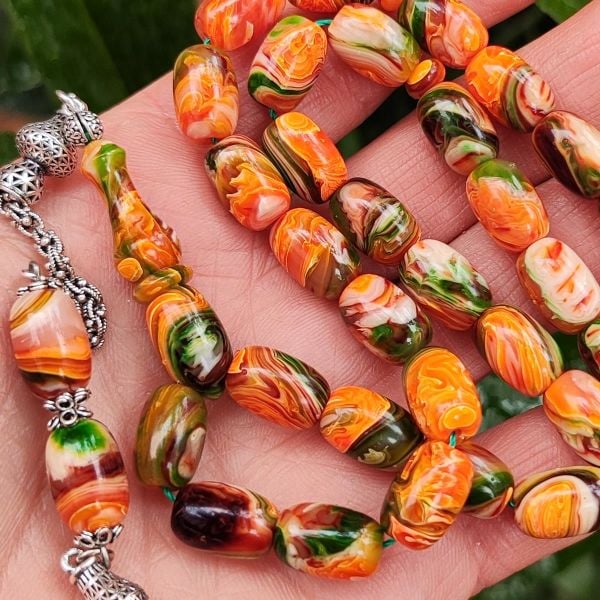 8X12 mm Gümüş Püsküllü Sündülüs Tesbih - Sandoloz Baga - Çekoslavak Tesbih