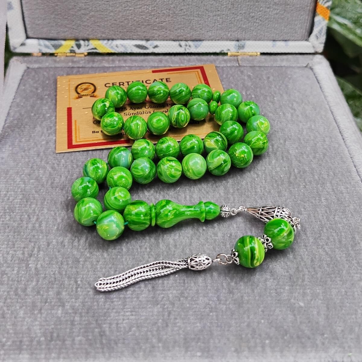 8X12 mm Gümüş Püsküllü Sündülüs Tesbih - Sandoloz Baga - Çekoslavak Tesbih