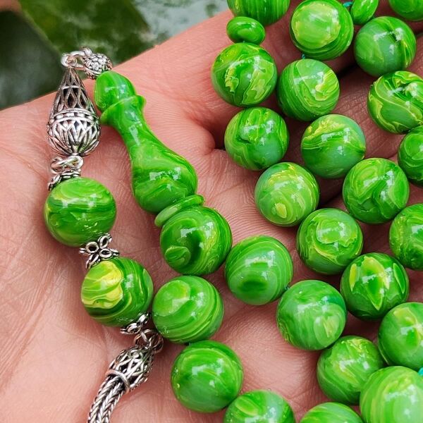 8X12 mm Gümüş Püsküllü Sündülüs Tesbih - Sandoloz Baga - Çekoslavak Tesbih