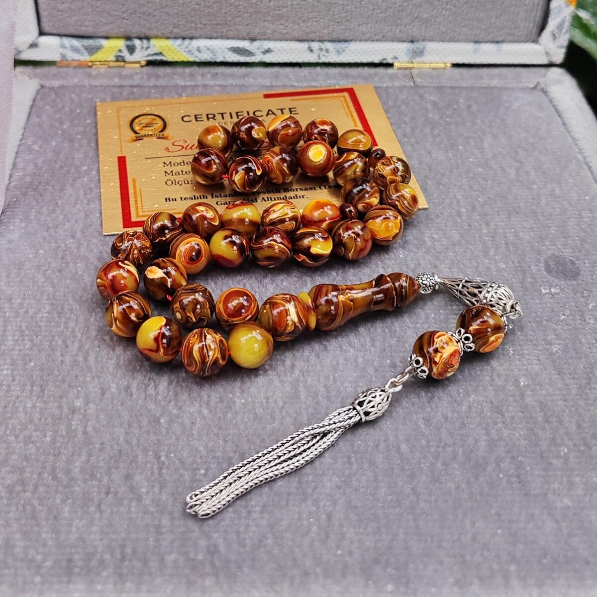 8X12 mm Gümüş Püsküllü Sündülüs Tesbih - Sandoloz Baga - Çekoslavak Tesbih