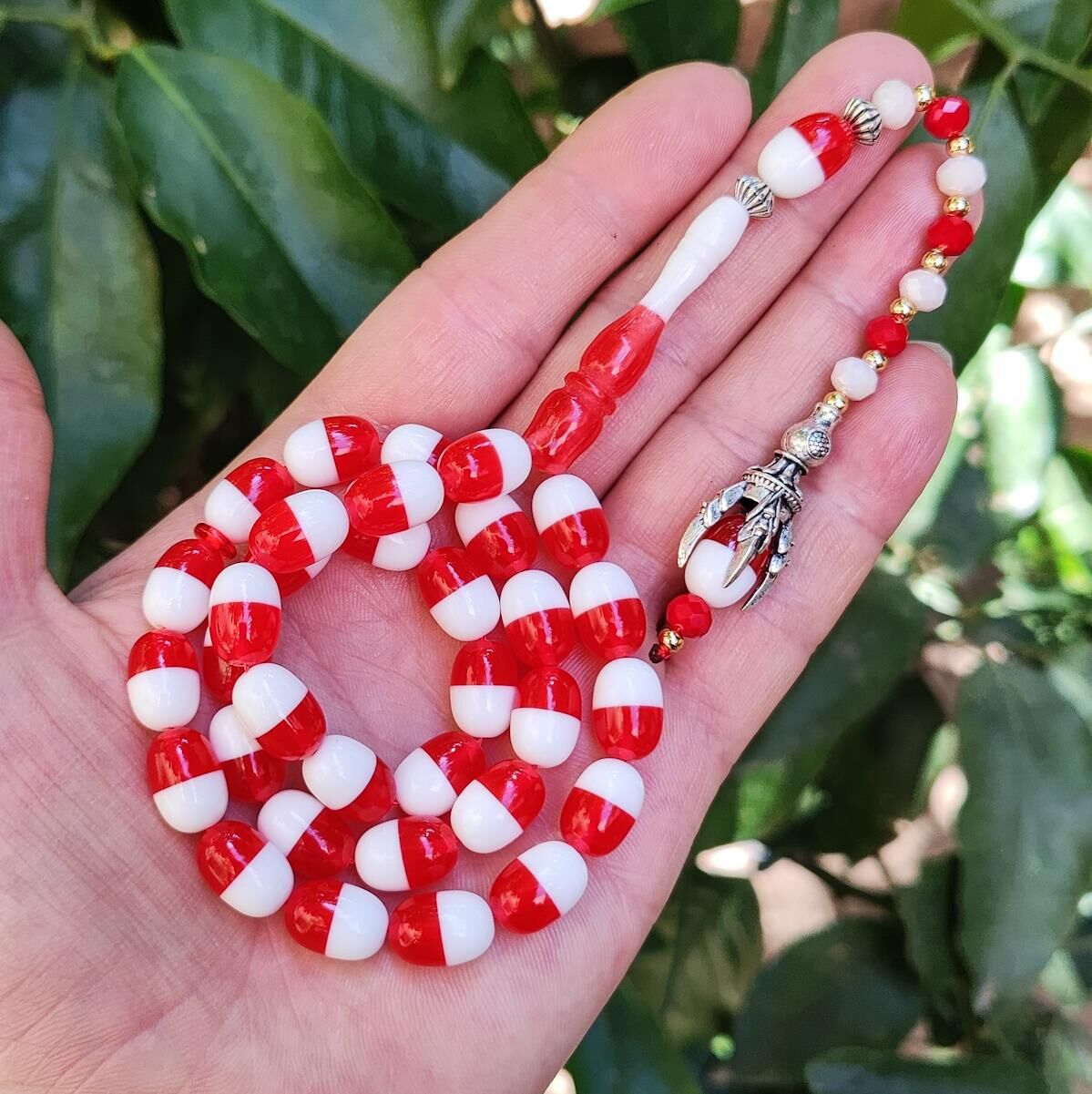 9x12 mm Pençe Model Kırmızı Beyaz Taraftar Tesbih - Pleksi Glass Uçak Camı Tesbih