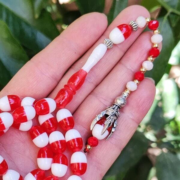 9x12 mm Pençe Model Kırmızı Beyaz Taraftar Tesbih - Pleksi Glass Uçak Camı Tesbih