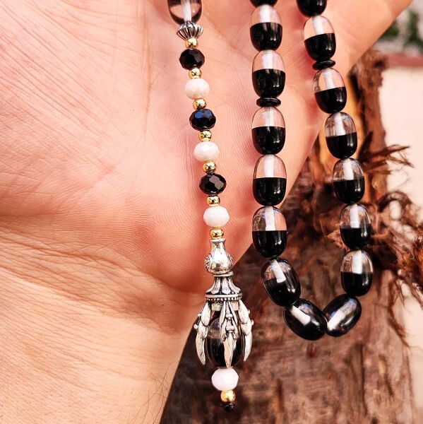 9x12 mm Pençe Model Siyah Beyaz Taraftar Tesbih - Pleksi Glass Uçak Camı Tesbih