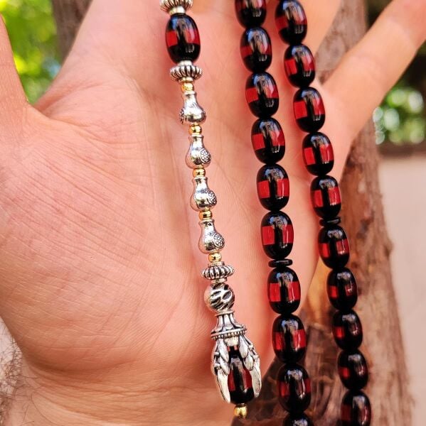 9x12 mm Pençe Model Kırmızı Siyah Sürmeli Tesbih