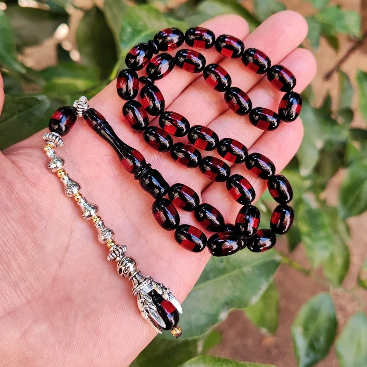 9x12 mm Pençe Model Kırmızı Siyah Sürmeli Tesbih