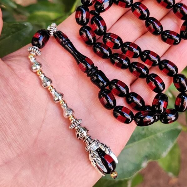 9x12 mm Pençe Model Kırmızı Siyah Sürmeli Tesbih