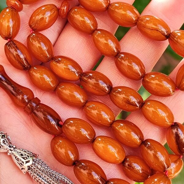 9x12 mm Tütün Rengi Alman Faturan Sıkma Kehribar Tesbih