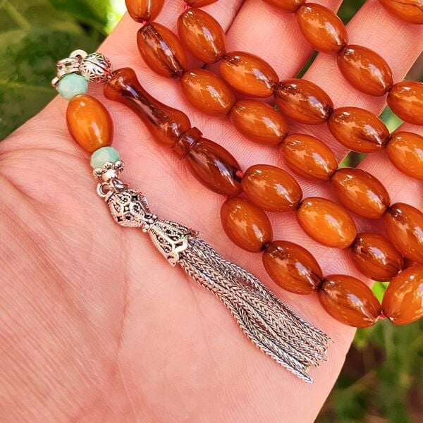 9x12 mm Tütün Rengi Alman Faturan Sıkma Kehribar Tesbih