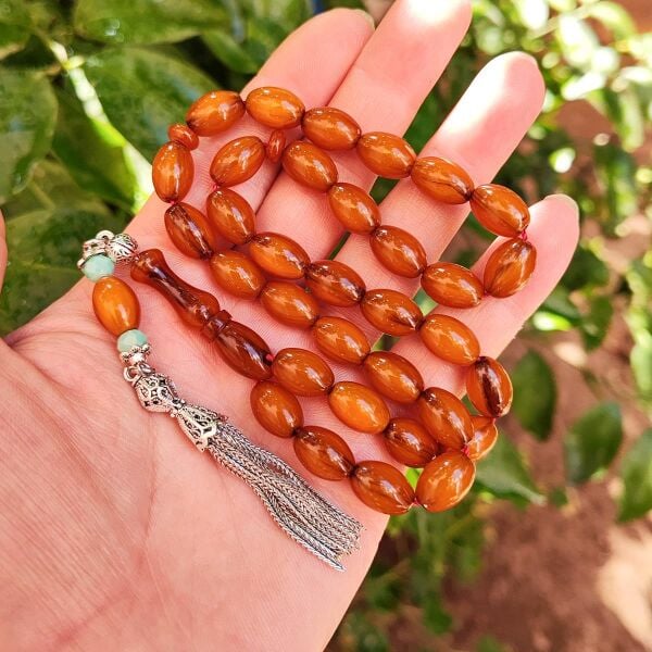 9x12 mm Tütün Rengi Alman Faturan Sıkma Kehribar Tesbih