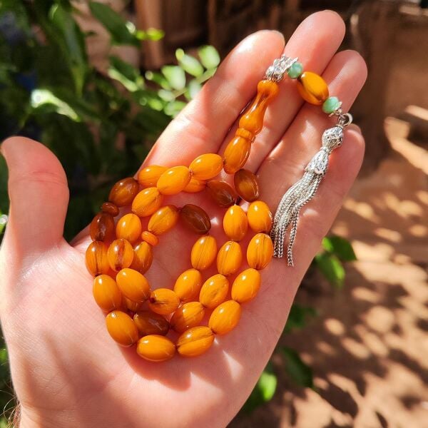 9x12 mm Tütün Rengi Alman Faturan Sıkma Kehribar Tesbih