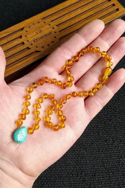 Sertifikalı Turkuaz Taşlı Bal Rengi Kehribar Kolye Kız Erkek Bebek Diş Kolyesi 4-7 Yaş 35 cm