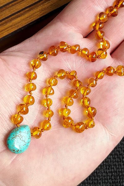 Sertifikalı Turkuaz Taşlı Bal Rengi Kehribar Kolye Kız Erkek Bebek Diş Kolyesi 4-7 Yaş 35 cm