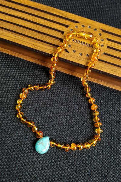 Sertifikalı Turkuaz Taşlı Bal Rengi Kehribar Kolye Kız Erkek Bebek Diş Kolyesi 4-7 Yaş 35 cm