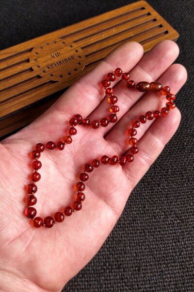 Sertifikalı Konyak Rengi Kehribar Kolye Kız Erkek Bebek Diş Kolyesi 4-7 Yaş 35 cm Çocuk Kolyesi