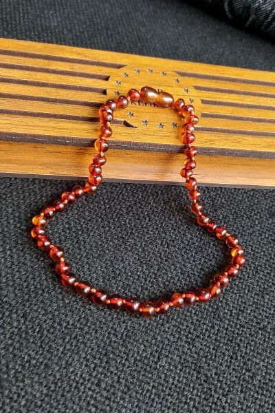 Sertifikalı Konyak Rengi Kehribar Kolye Kız Erkek Bebek Diş Kolyesi 4-7 Yaş 35 cm Çocuk Kolyesi