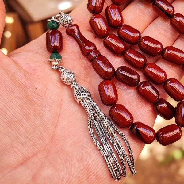 9x13 mm Tütün Rengi Alman Faturan Sıkma Kehribar Tesbih