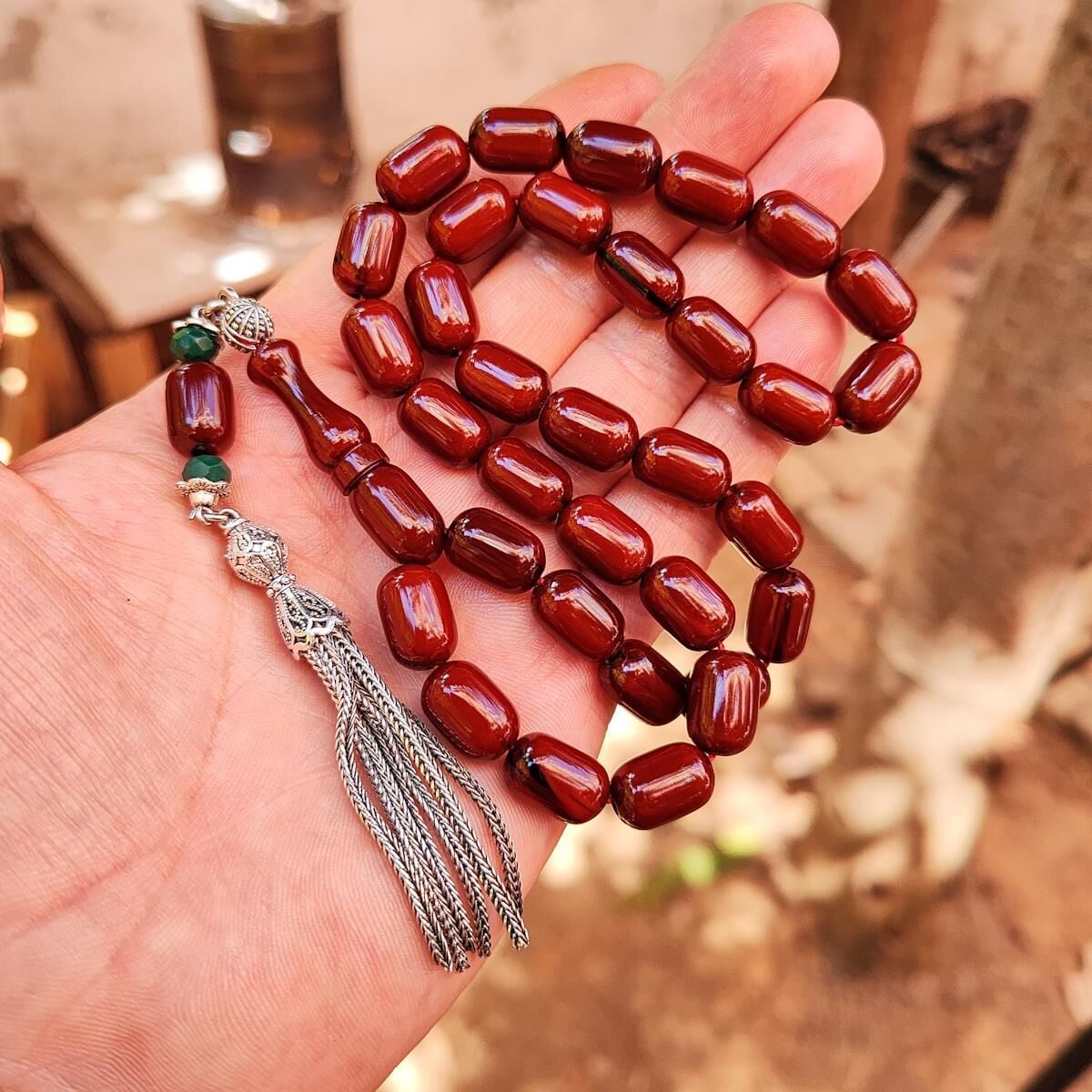 9x13 mm Tütün Rengi Alman Faturan Sıkma Kehribar Tesbih