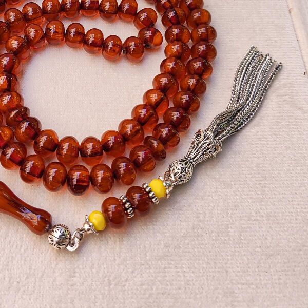 9x7 mm Tütün Rengi 99 Habbe Alman Faturan Sıkma Kehribar Tesbih