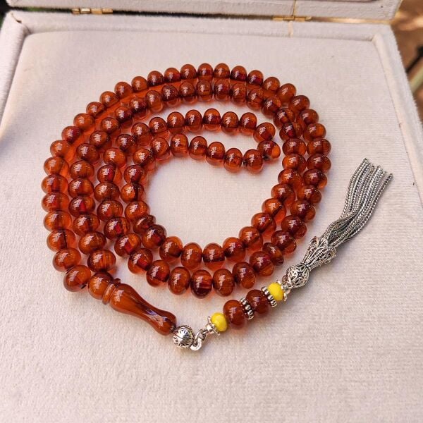 9x7 mm Tütün Rengi 99 Habbe Alman Faturan Sıkma Kehribar Tesbih