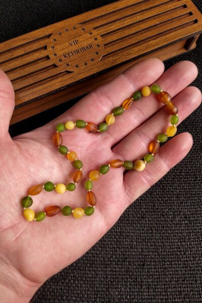 Sertifikalı Mat Yeşil Konyak Bal Kehribar Kolye Kız Erkek Bebek Diş Kolyesi 4-7 Yaş 35 cm