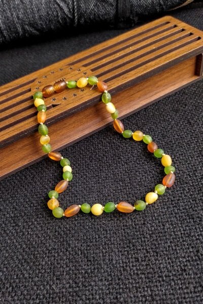 Sertifikalı Mat Yeşil Konyak Bal Kehribar Kolye Kız Erkek Bebek Diş Kolyesi 4-7 Yaş 35 cm