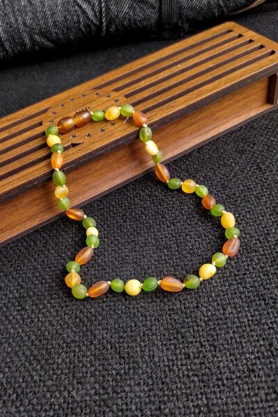 Sertifikalı Mat Yeşil Konyak Bal Kehribar Kolye Kız Erkek Bebek Diş Kolyesi 4-7 Yaş 35 cm