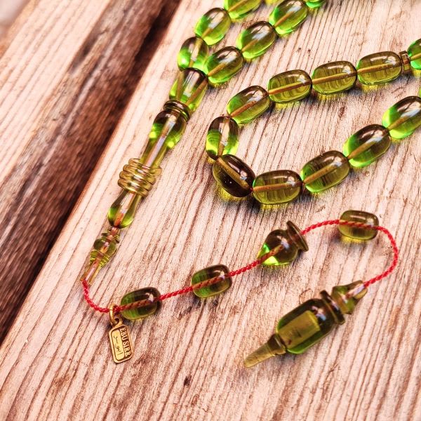 8x12 mm İmame Halkalı Su Yeşili Zar Kehribar Tesbih - Ebu Sırr Usta İşçilikli
