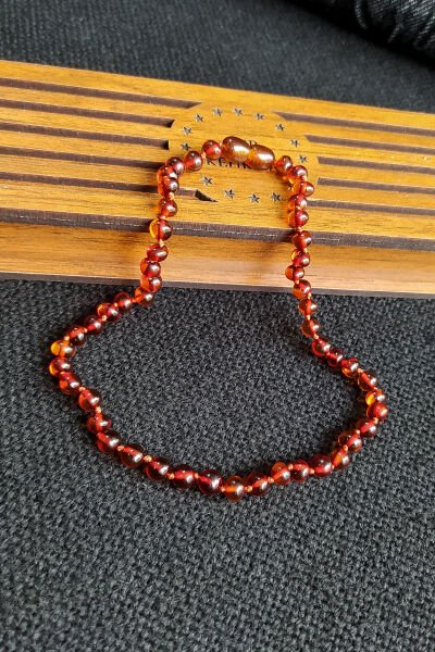 Sertifikalı Konyak Rengi Kehribar Kolye Kız Erkek Bebek Diş Kolyesi  0-4 Yaş 32 cm Çocuk Kolyesi