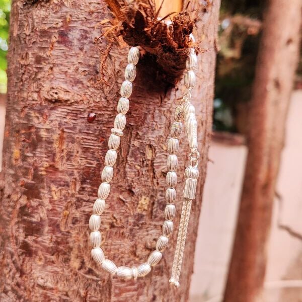 6x10 mm 925 Ayar Gümüş Tesbih - Kalem İşçilikli Gümüş Tesbih