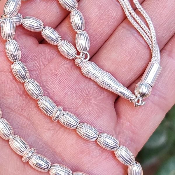 6x10 mm 925 Ayar Gümüş Tesbih - Kalem İşçilikli Gümüş Tesbih