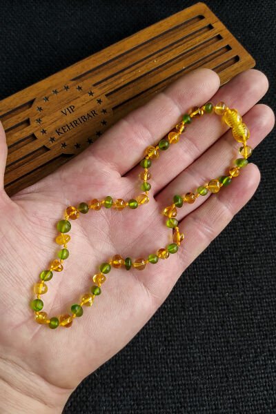 Sertifikalı Bal Yeşil Kehribar Kolye Kız Erkek Bebek Diş Kolyesi 0-3 Yaş 32 cm