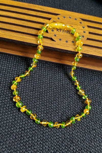 Sertifikalı Bal Yeşil Kehribar Kolye Kız Erkek Bebek Diş Kolyesi 0-3 Yaş 32 cm