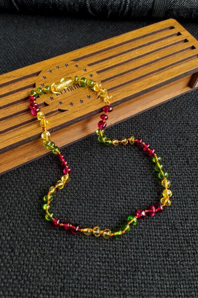 Sertifikalı Yeşil Kırmızı Bal Kehribar Kolye Kız Erkek Bebek Diş Kolyesi 0-3 Yaş 32 cm