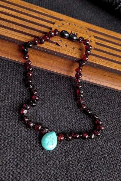 Sertifikalı Turkuaz Doğaltaşlı Vişne Rengi Kehribar Kolye Kız Erkek Bebek Diş Kolyesi 4-7 Yaş 35 cm