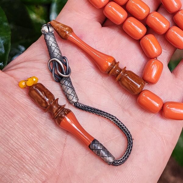 8x12 mm Emine Reşvani Usta İşçilikli Kuka Kombinli Mercan Rengi Katalin Tesbih