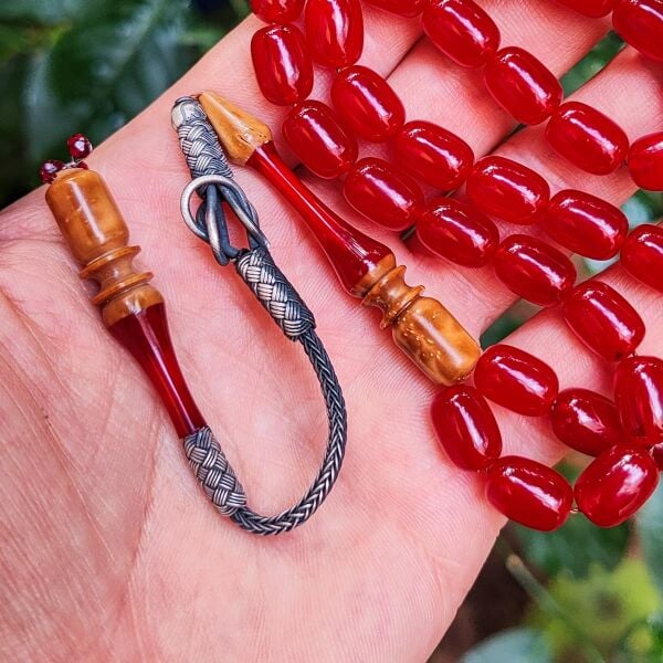 8x12 mm Emine Reşvani Usta İşçilikli Kuka Kombinli Kırmızı Katalin Tesbih