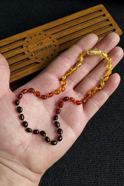 Sertifikalı Yassı Gökkuşağı Kehribar Kolye Kız Erkek Bebek Diş Kolyesi 0-4 Yaş 32 cm Çocuk Kolyesi