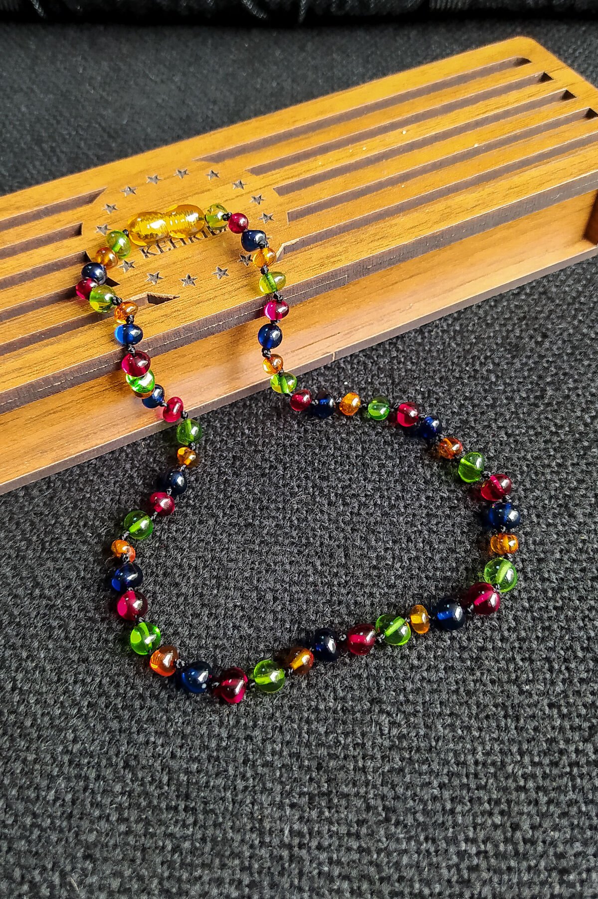 Sertifikalı Mavi Multicolor Kehribar Kolye Kız Erkek Bebek Diş Kolyesi 4-7 Yaş 35 cm