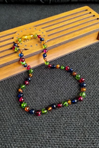 Sertifikalı Mavi Multicolor Kehribar Kolye Kız Erkek Bebek Diş Kolyesi 4-7 Yaş 35 cm