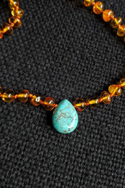 Sertifikalı Turkuaz Taşlı Bal Rengi Kehribar Kolye Kız Erkek Bebek Diş Kolyesi 0-4 Yaş 32 cm