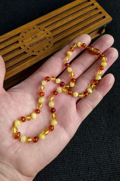 Sertifikalı Süt Konyak Kehribar Kolye Kız Erkek Bebek Diş Kolyesi 4-7 Yaş 35 cm